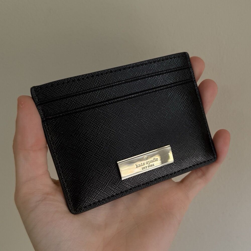 Kate Spade Kenzie Card Holder Black Saffiano Leather Silver Logo Slim Wallet